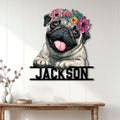Floral pug wall sign displayed above a console table in a bright home interior