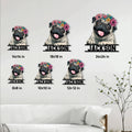 Floral pug metal sign size guide showing 8x8, 10x10, 12x12, 14x14, 18x18, and 24x24 inch options
