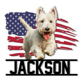 Patriotic Scottish Terrier metal sign featuring a terrier portrait over a distressed American flag