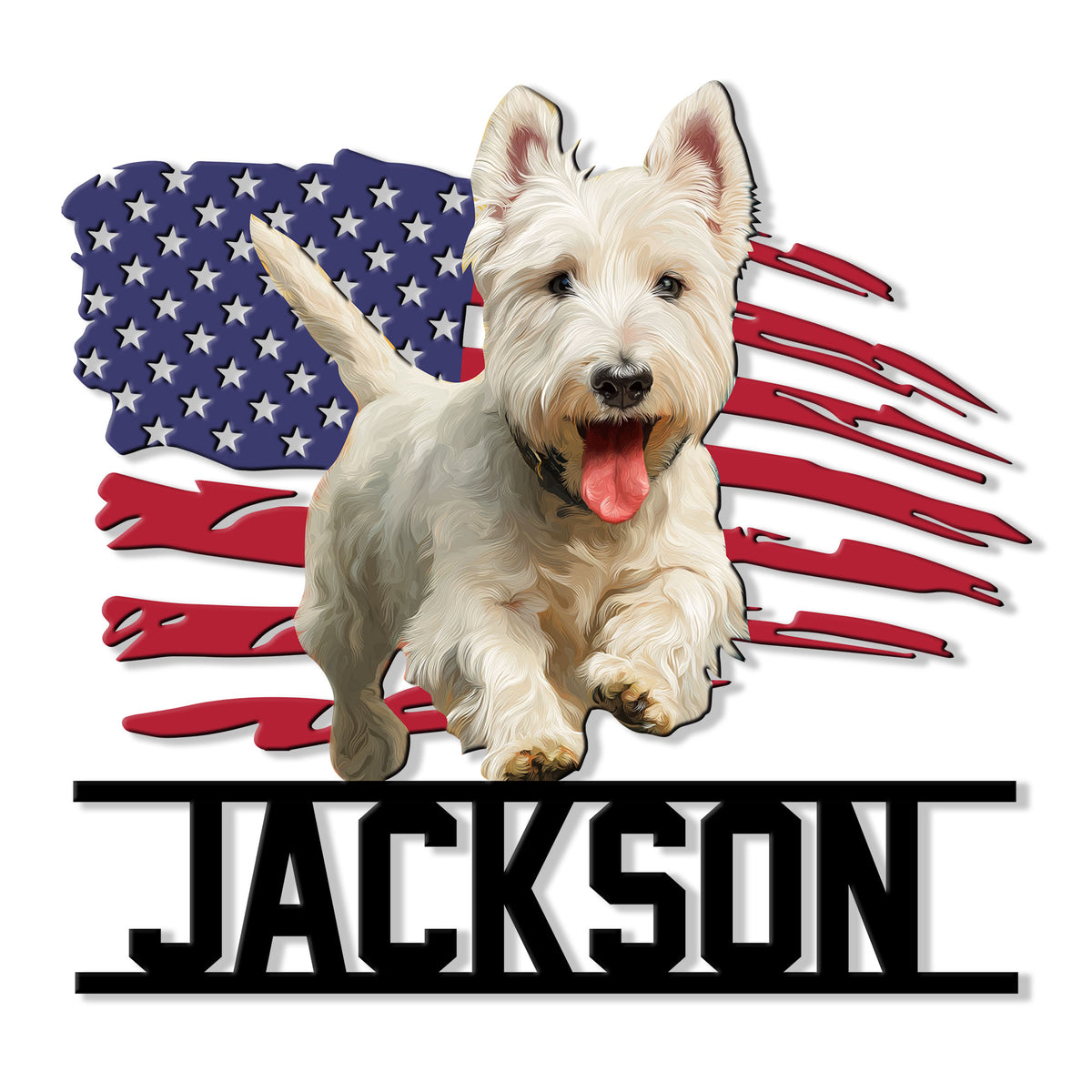 Patriotic Scottish Terrier metal sign featuring a terrier portrait over a distressed American flag