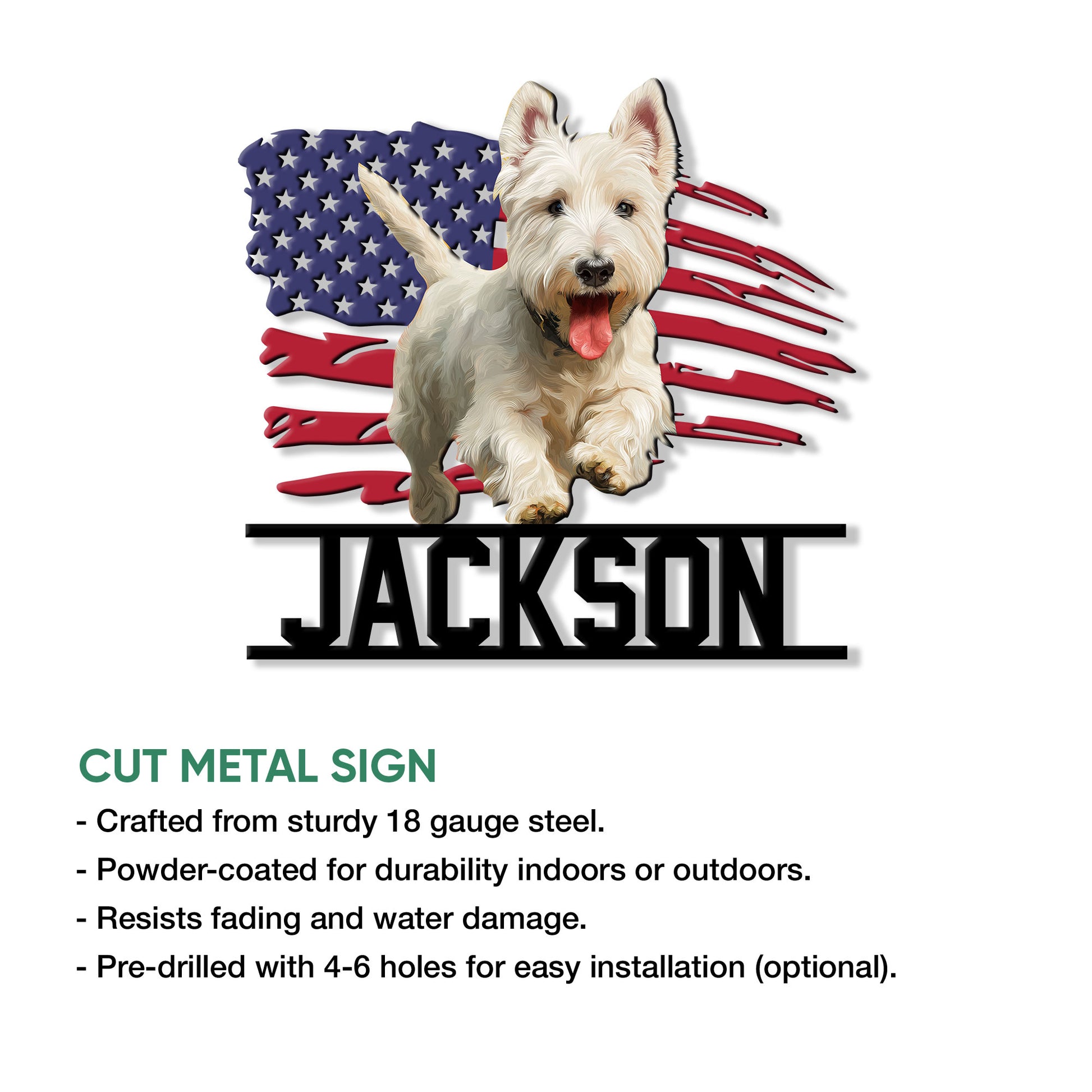 Scottish Terrier cut metal sign shown with product feature details for indoor or outdoor display