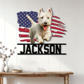 Patriotic Scottish Terrier wall sign displayed on a bright paneled wall above a wood console