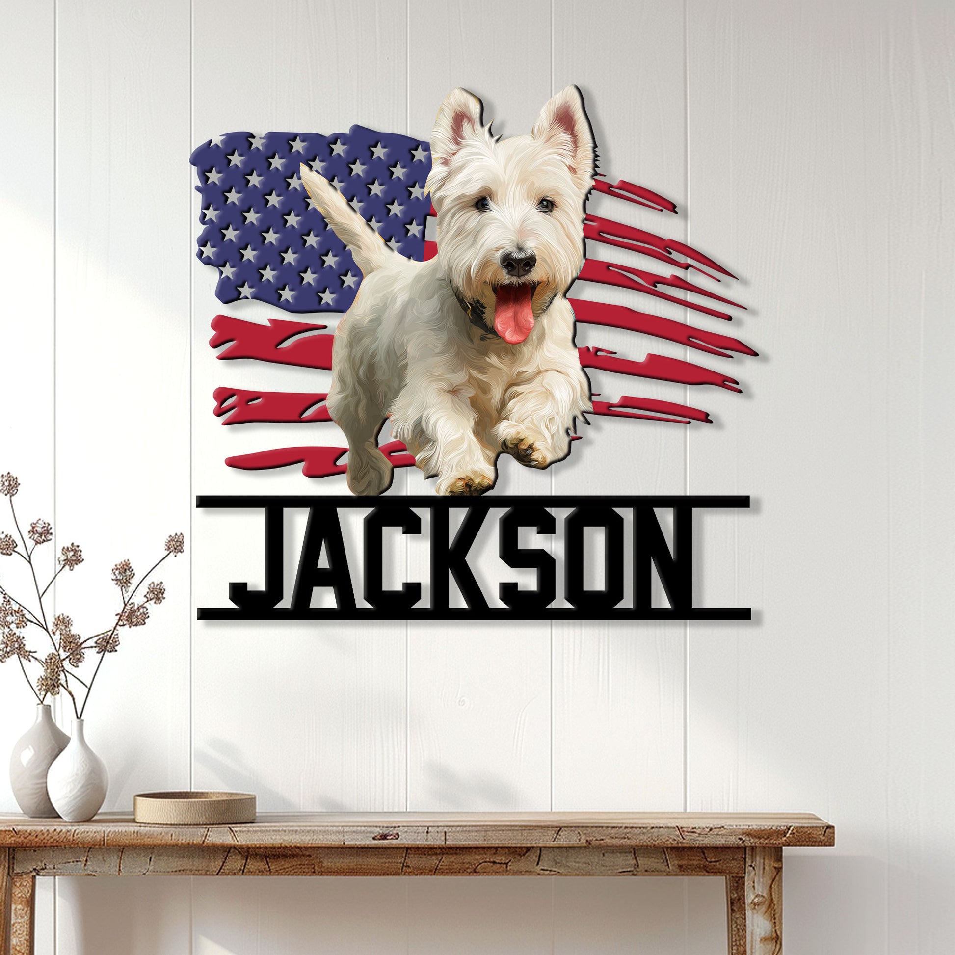 Patriotic Scottish Terrier wall sign displayed on a bright paneled wall above a wood console