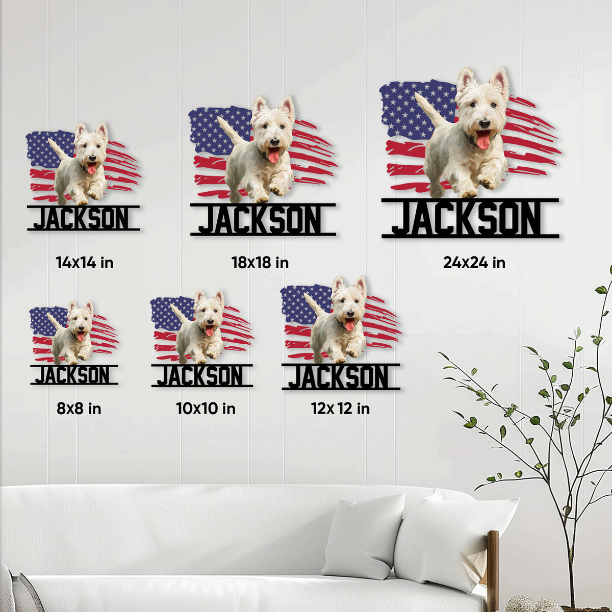 Scottish Terrier metal sign size guide showing available square dimensions from 8 by 8 to 24 by 24 inches