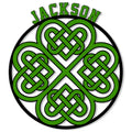 Green Irish Celtic knotwork shamrock metal sign with a bold circular border and custom design