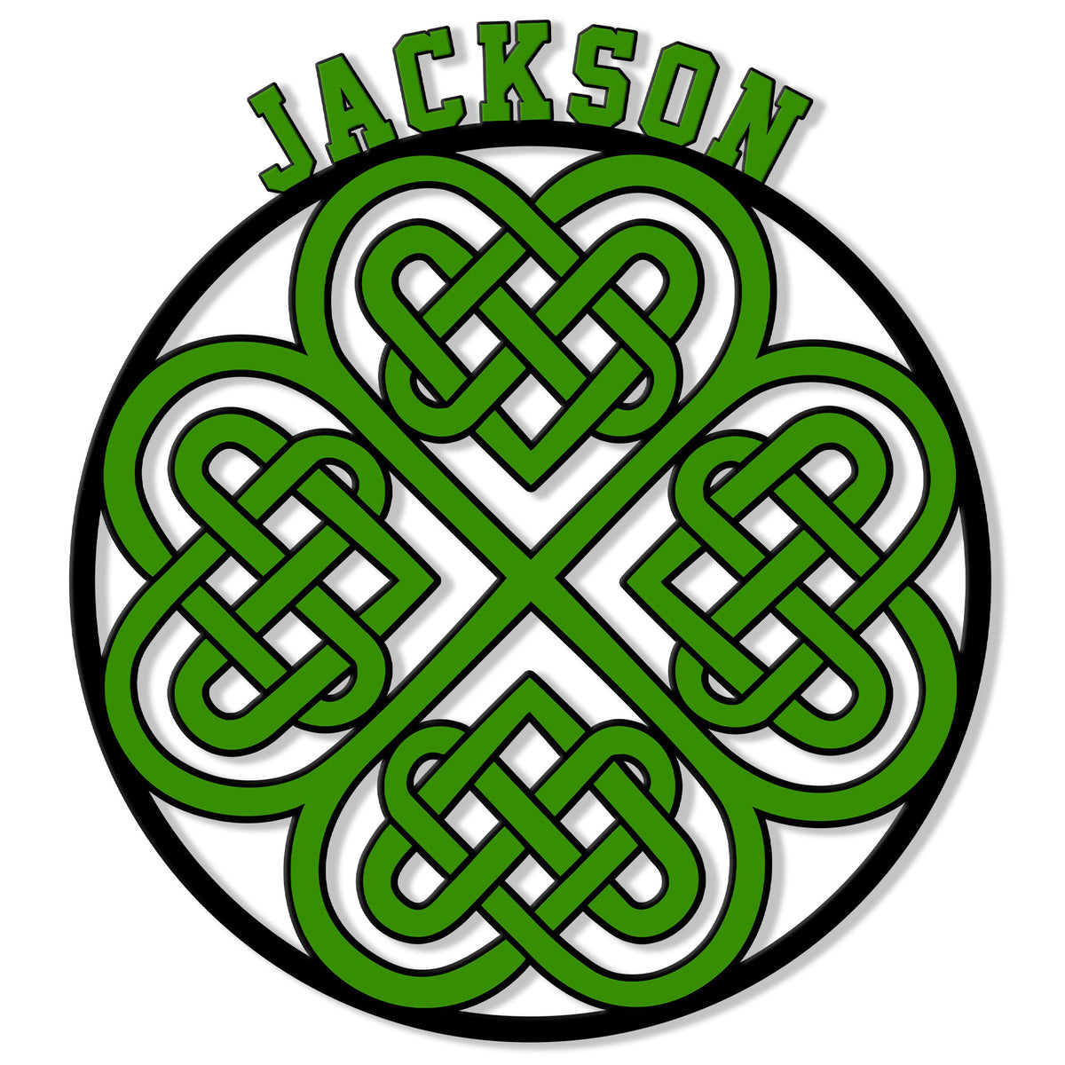 Green Irish Celtic knotwork shamrock metal sign with a bold circular border and custom design