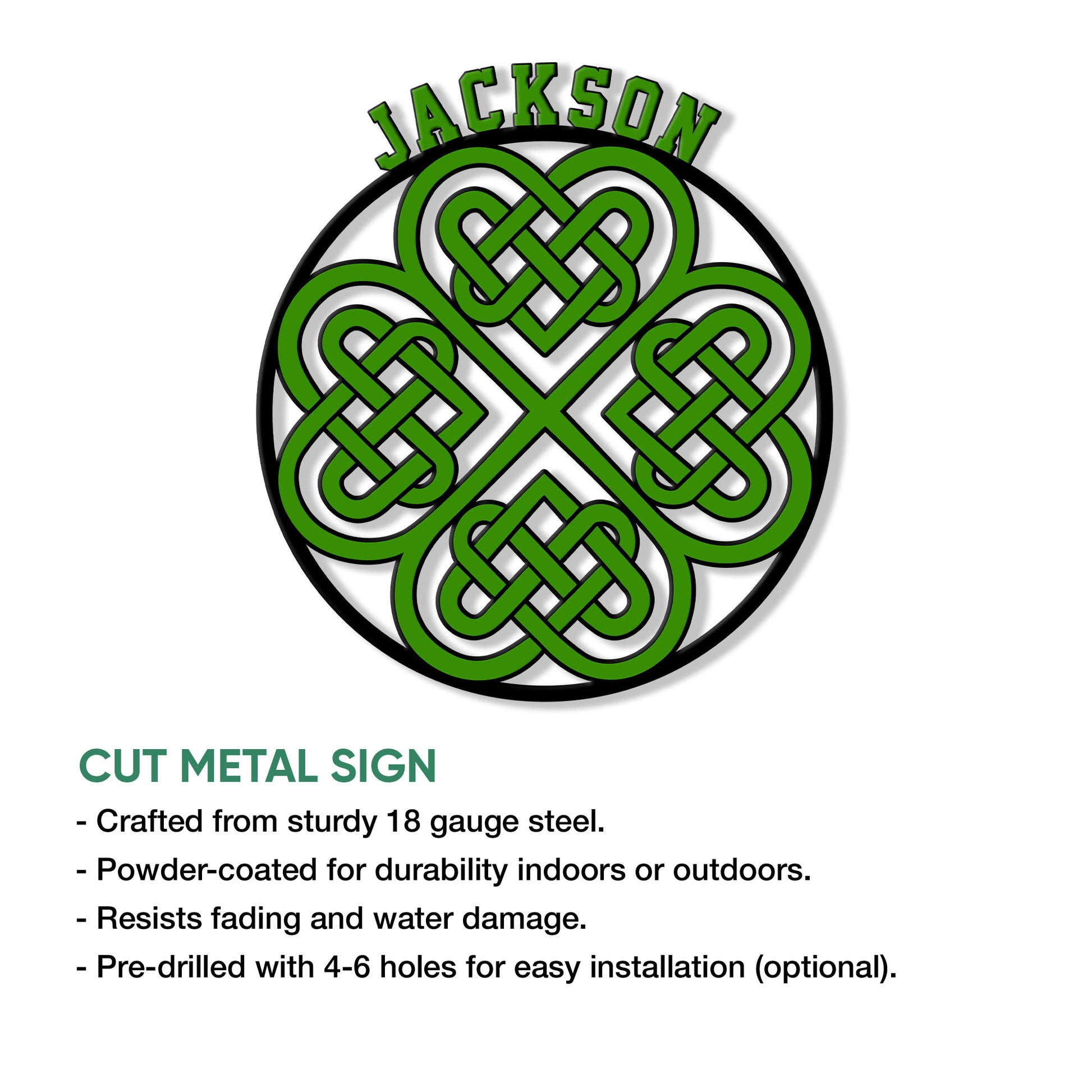 Irish Celtic knot shamrock metal sign feature graphic highlighting the cut metal design