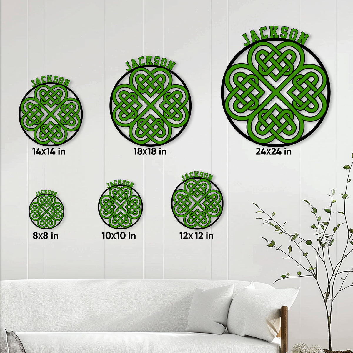 Irish Celtic shamrock metal sign size guide showing 8, 10, 12, 14, 18, and 24 inch options