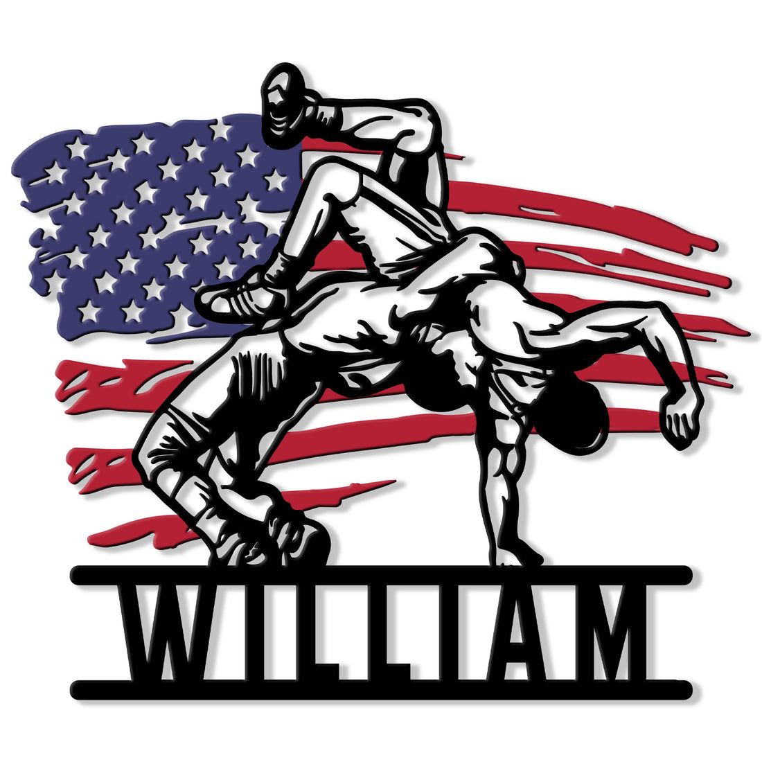 Custom wrestling metal sign featuring two wrestlers in action against a distressed American flag design
