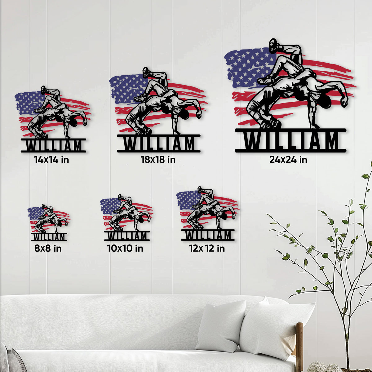 Wrestling metal sign size guide showing multiple square size options displayed in a living room