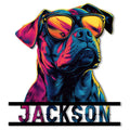 Colorful bulldog metal sign featuring a sunglasses-wearing dog portrait and bold cutout lettering