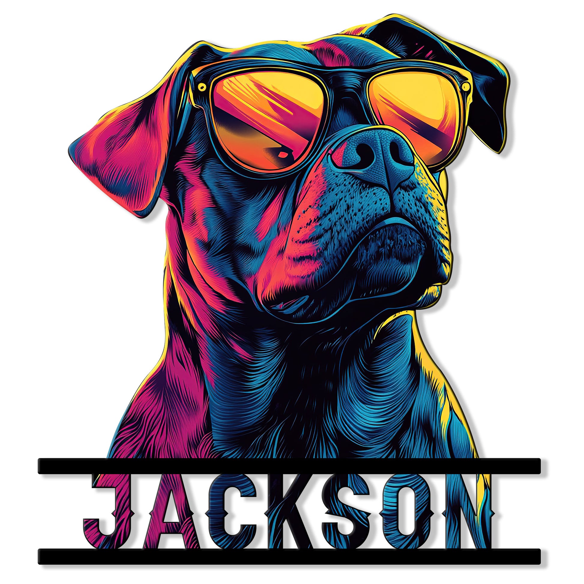 Colorful bulldog metal sign featuring a sunglasses-wearing dog portrait and bold cutout lettering