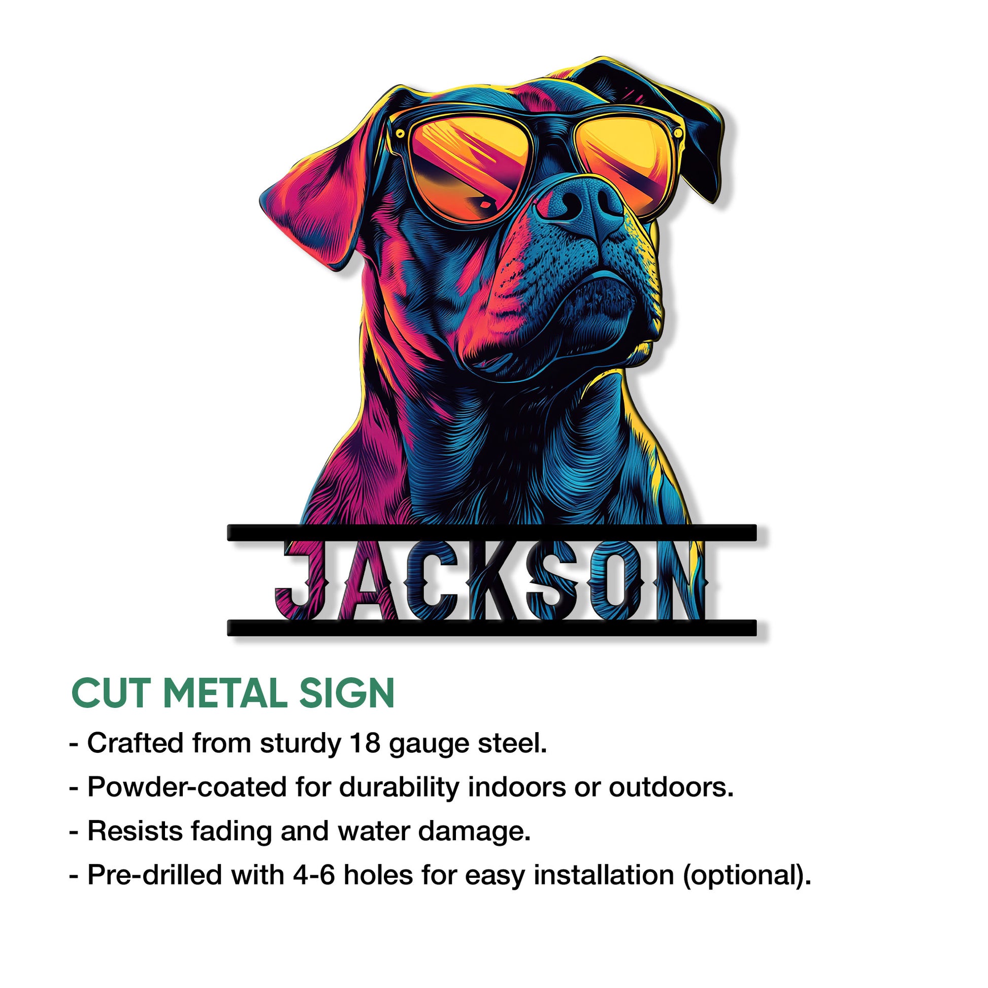 Bulldog metal sign product graphic showing the vibrant dog portrait and cut metal sign features