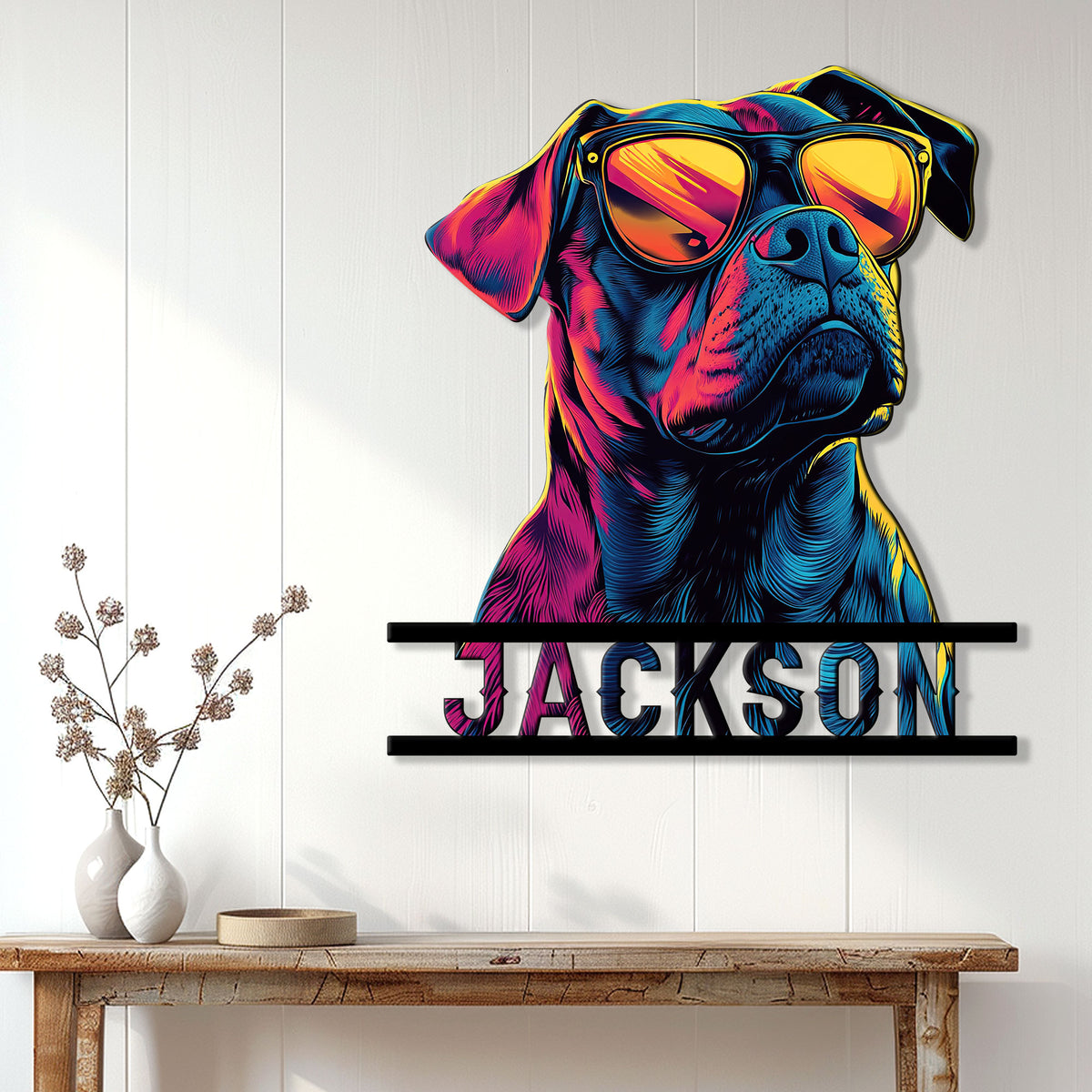 Colorful bulldog wall sign displayed on a white paneled wall above a rustic console table