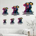 Bulldog metal sign size guide showing multiple square size options in a bright dog portrait design