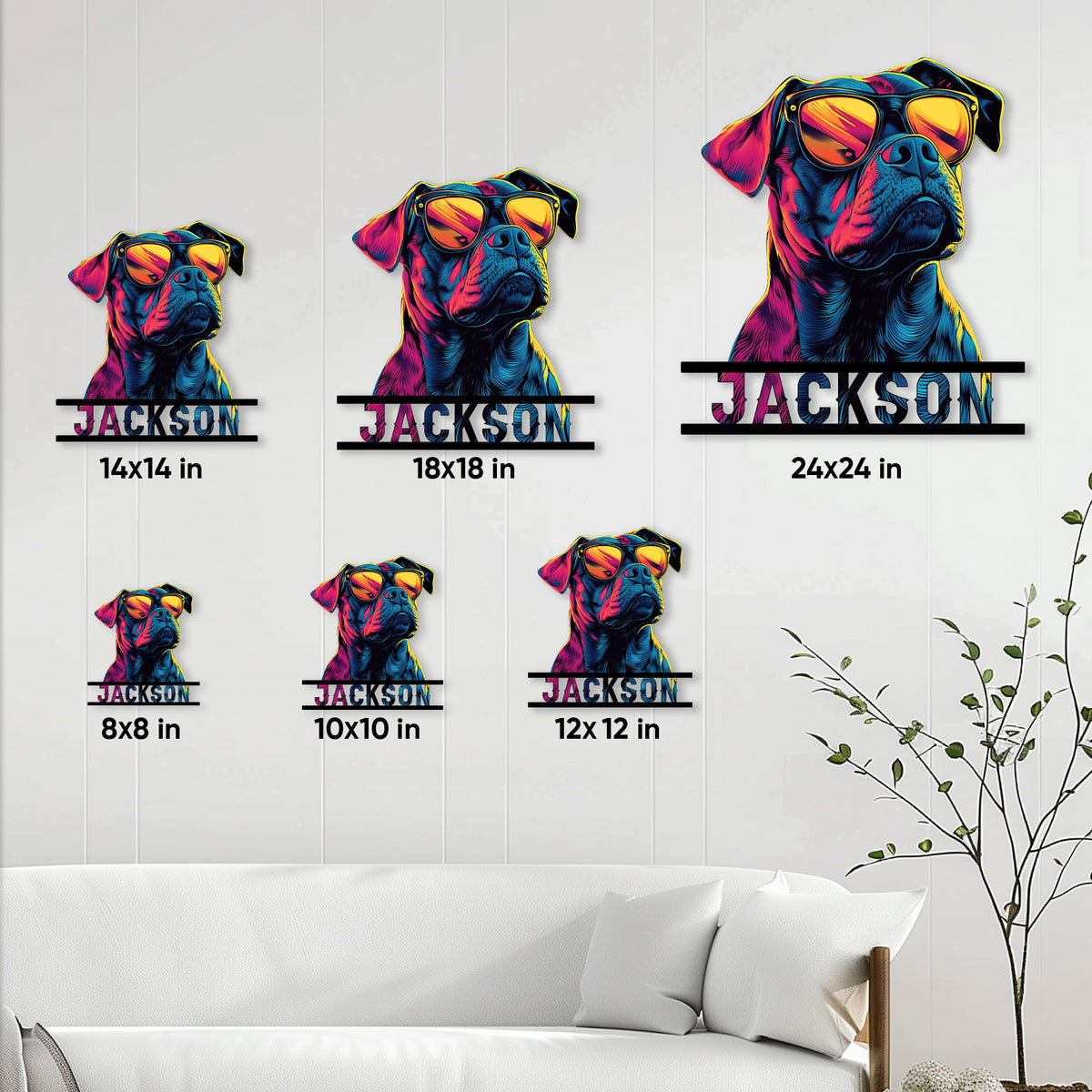 Bulldog metal sign size guide showing multiple square size options in a bright dog portrait design