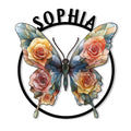 Floral butterfly metal sign featuring colorful rose-covered wings inside a circular frame