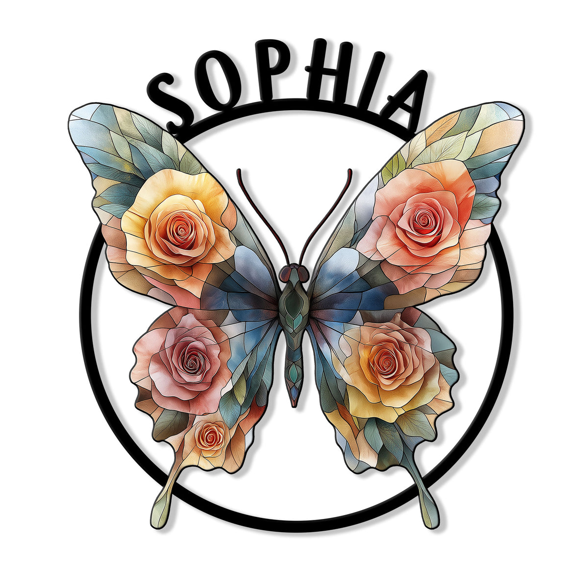 Floral butterfly metal sign featuring colorful rose-covered wings inside a circular frame