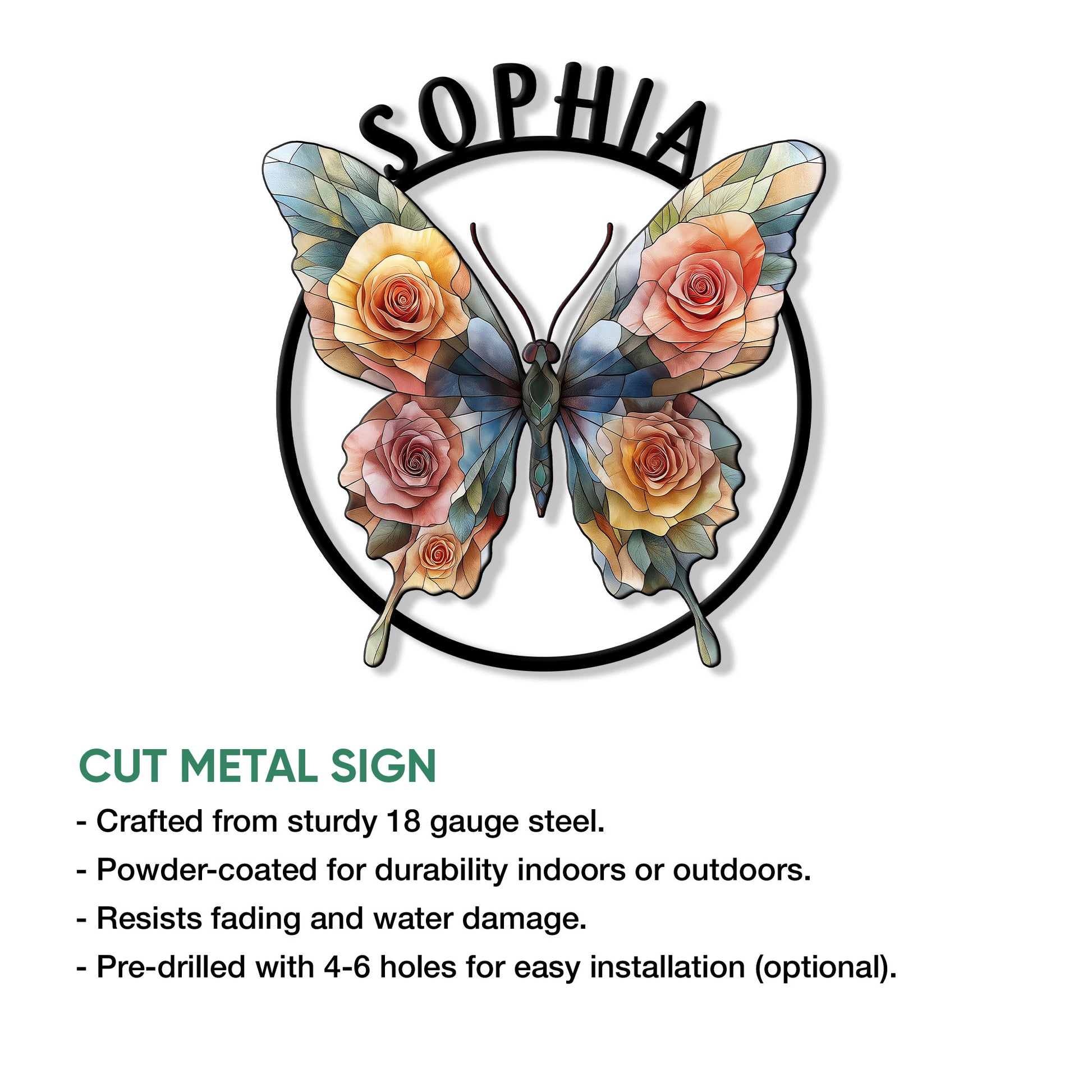 Floral butterfly metal sign product view with cut metal construction and installation features