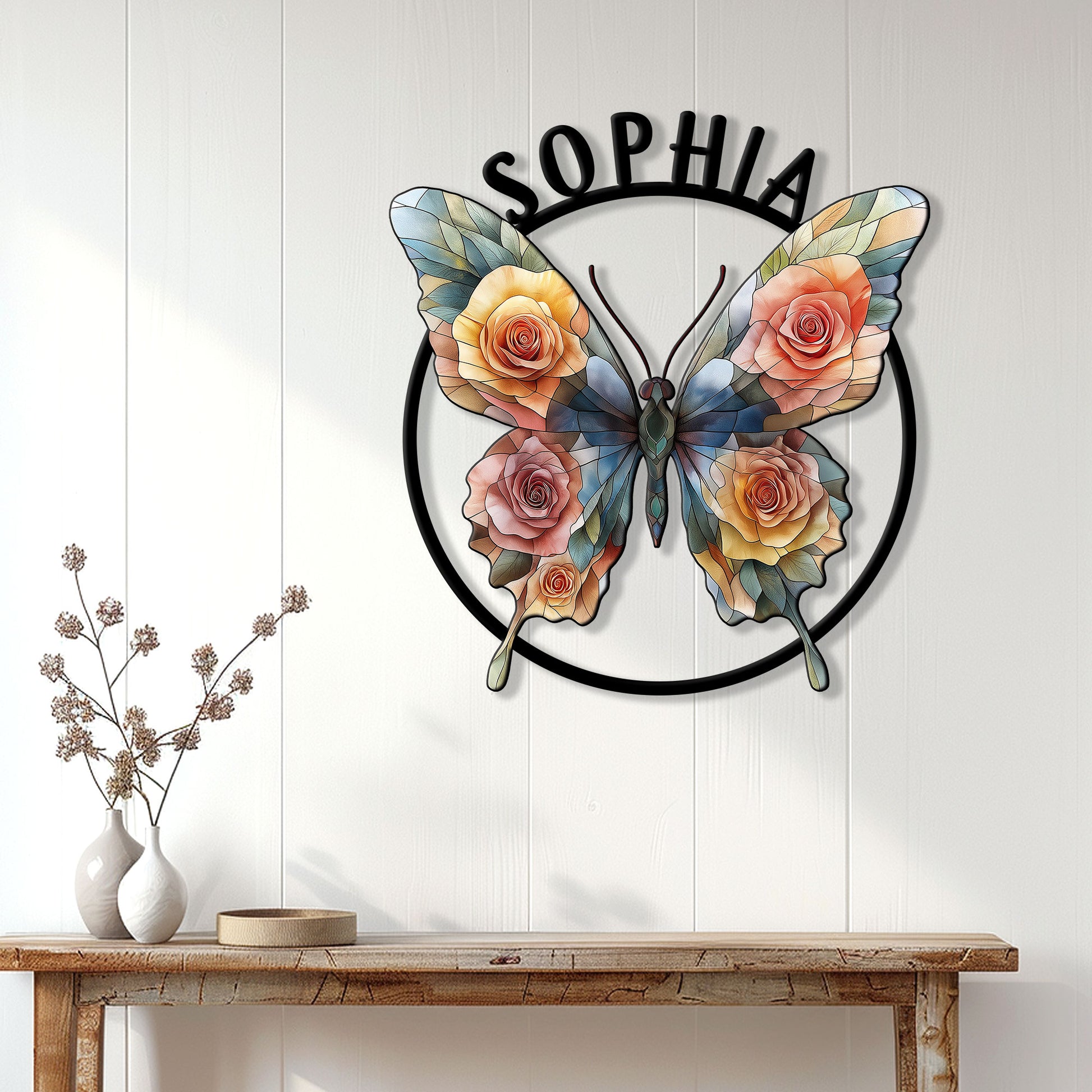 Floral butterfly wall sign displayed above a console table in a bright modern entryway