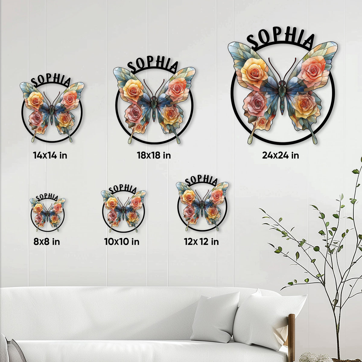 Floral butterfly metal sign size guide showing available square dimensions from 8 by 8 to 24 by 24 inches