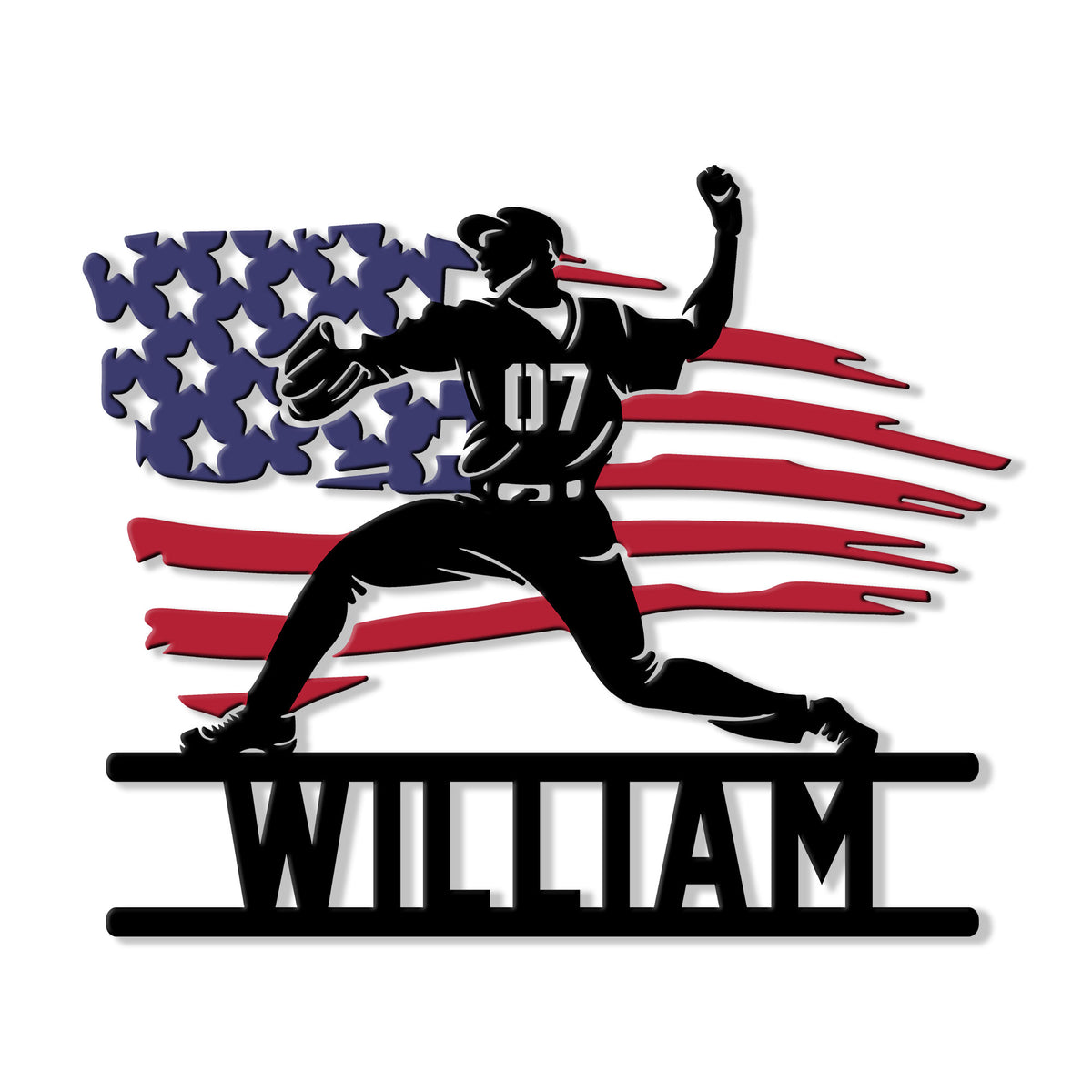 Custom baseball metal sign featuring a pitcher silhouette over a patriotic flag-inspired background