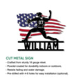 Baseball pitcher silhouette metal sign shown with a cut-metal product feature infographic