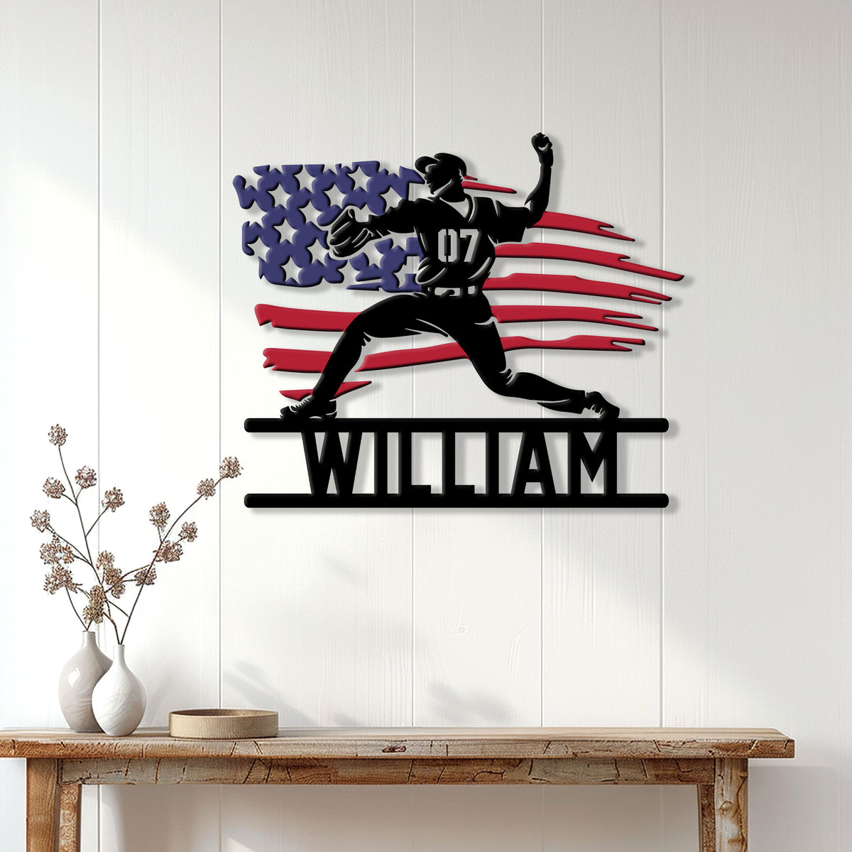 Patriotic baseball pitcher wall sign displayed above a console table in a bright home interior