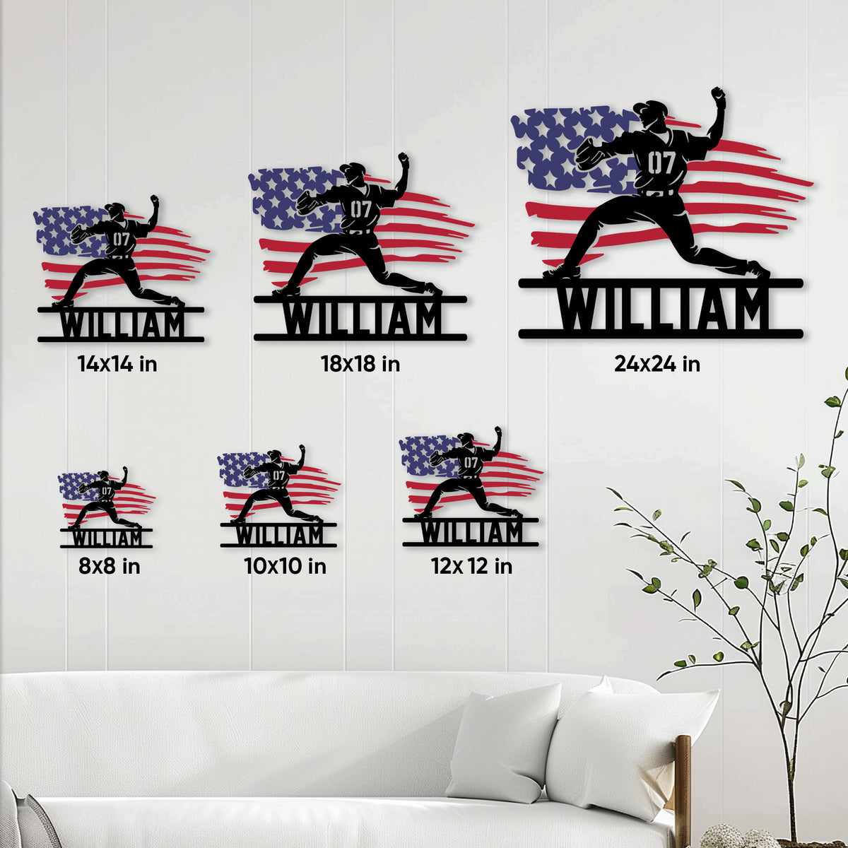 Baseball metal sign size guide showing multiple square size options in a living room setting