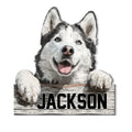 Custom husky metal sign featuring a cheerful husky leaning over a rustic wood-style background