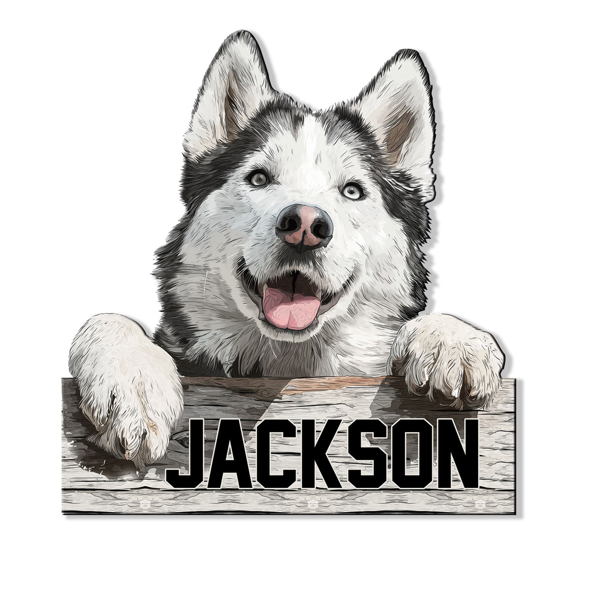 Custom husky metal sign featuring a cheerful husky leaning over a rustic wood-style background