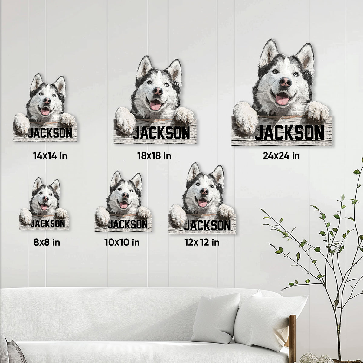 Husky metal sign size guide showing six square size options from 8 by 8 to 24 by 24 inches
