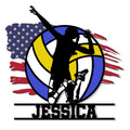 Custom volleyball metal sign with a jumping player silhouette over a red, white, and blue volleyball design
