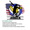 Volleyball metal sign product graphic showing cut-steel construction and installation details