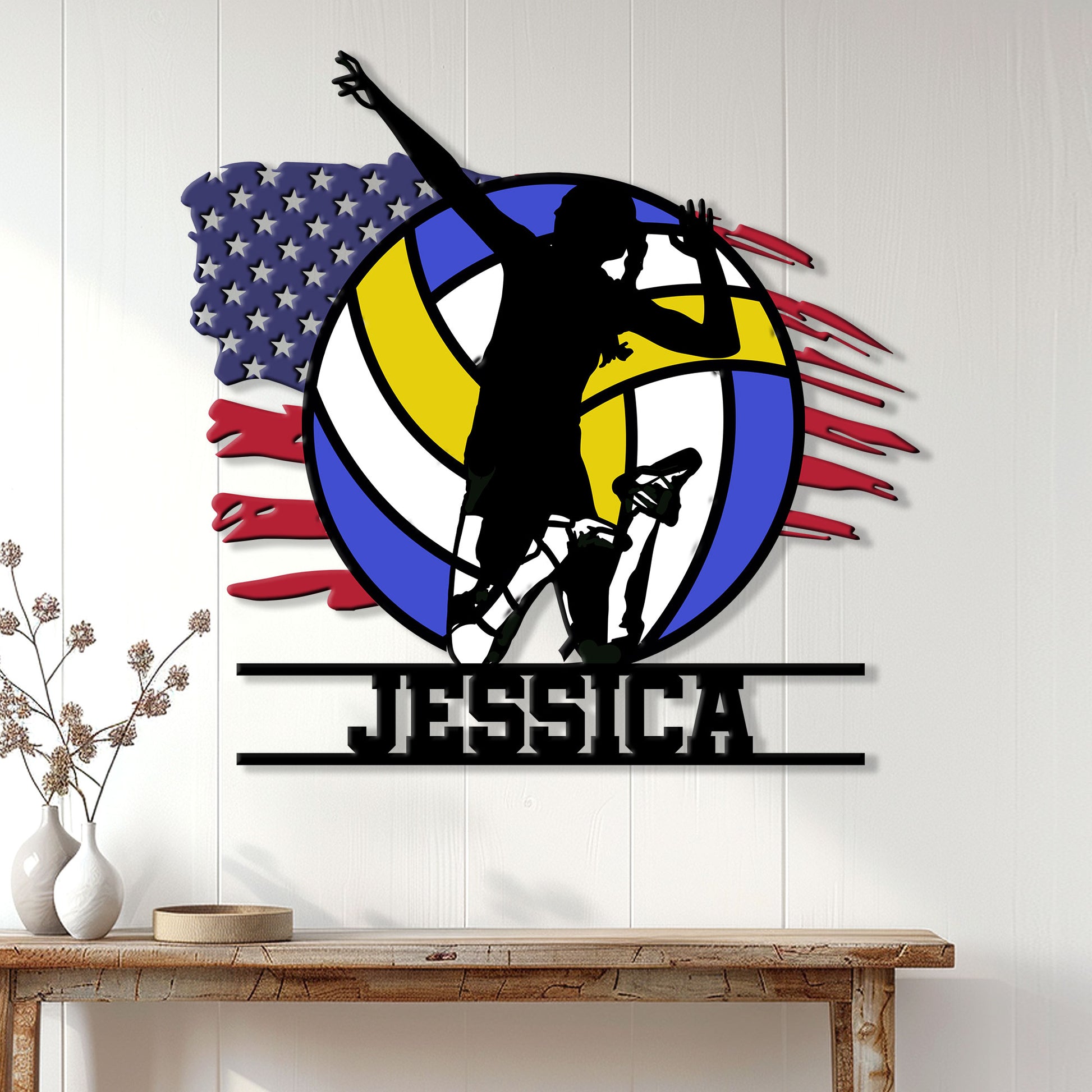 Volleyball player silhouette metal wall sign displayed on a bright paneled wall above a console table