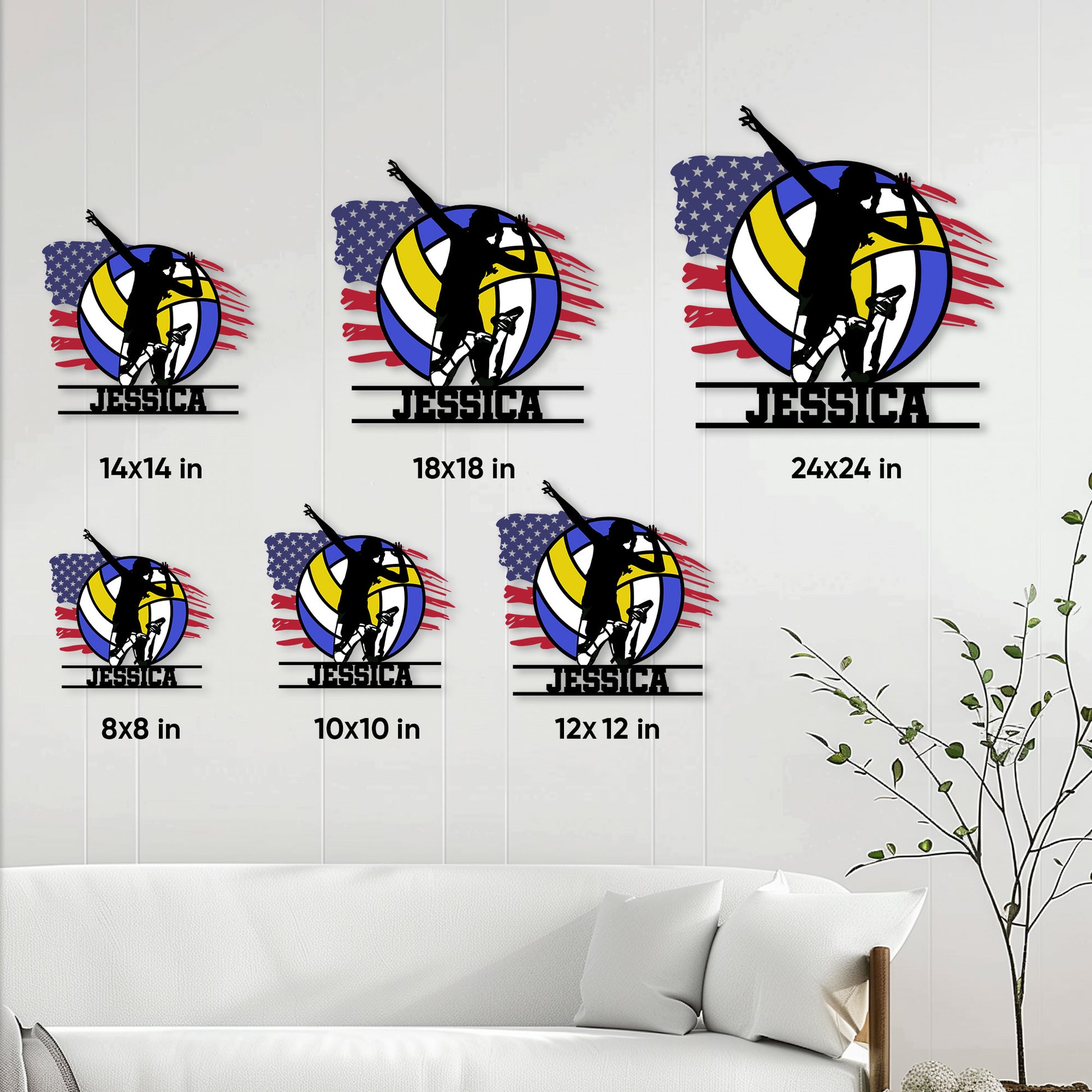Volleyball metal sign size guide showing six available square sizes in a wall decor setting