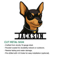 Miniature Pinscher cut metal sign shown with a bold dog portrait and decorative name-style base