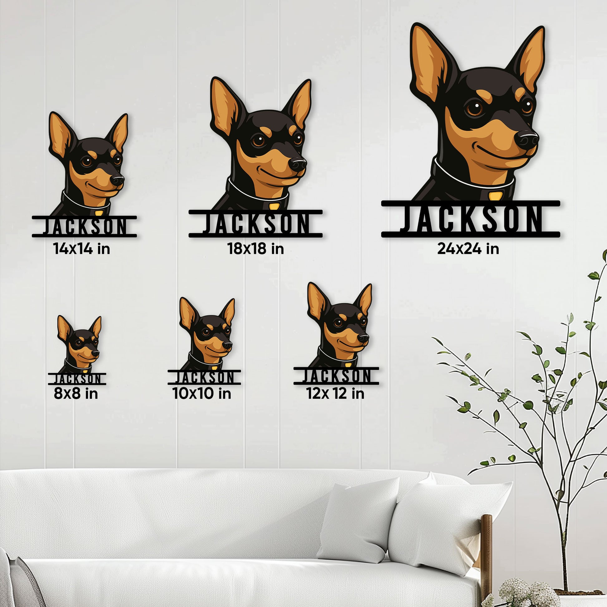 Miniature Pinscher metal sign size guide showing six available square size options