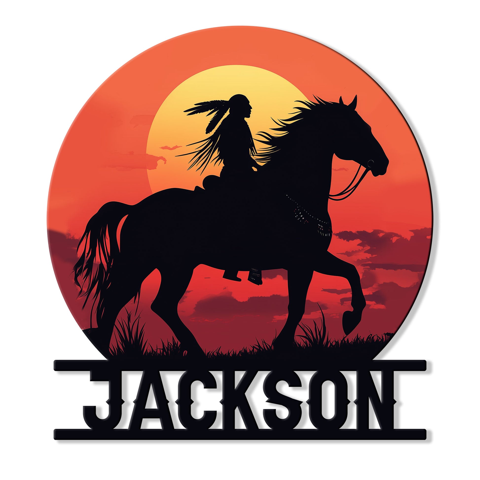 Native American metal sign featuring a rider on horseback in silhouette against a vibrant sunset