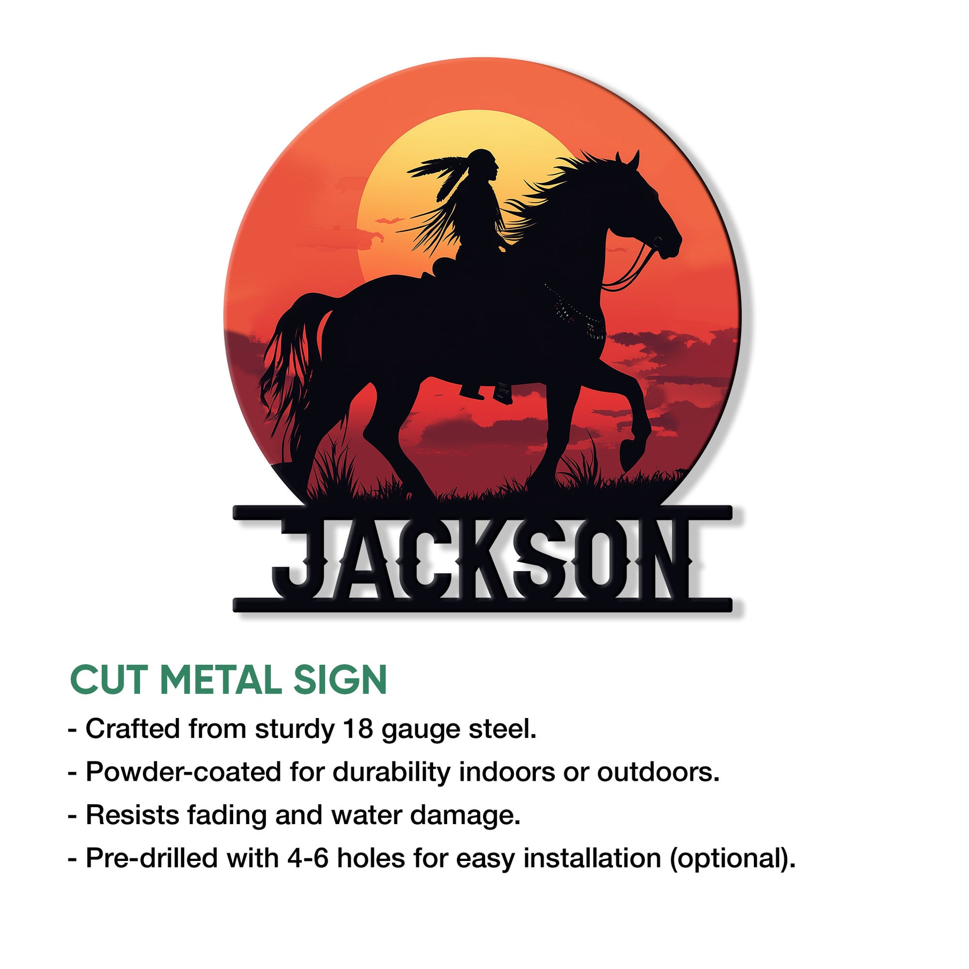 Native American horse rider metal sign shown with a cut metal sign feature overview