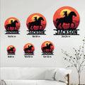 Native American horse rider metal sign shown in multiple size options on a living room wall
