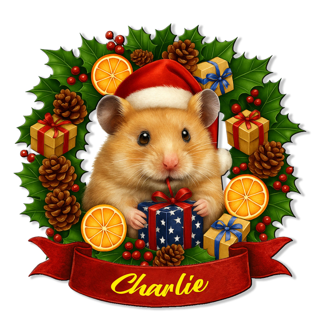 Custom Christmas hamster metal sign featuring a festive hamster in a Santa hat surrounded by gifts and holly