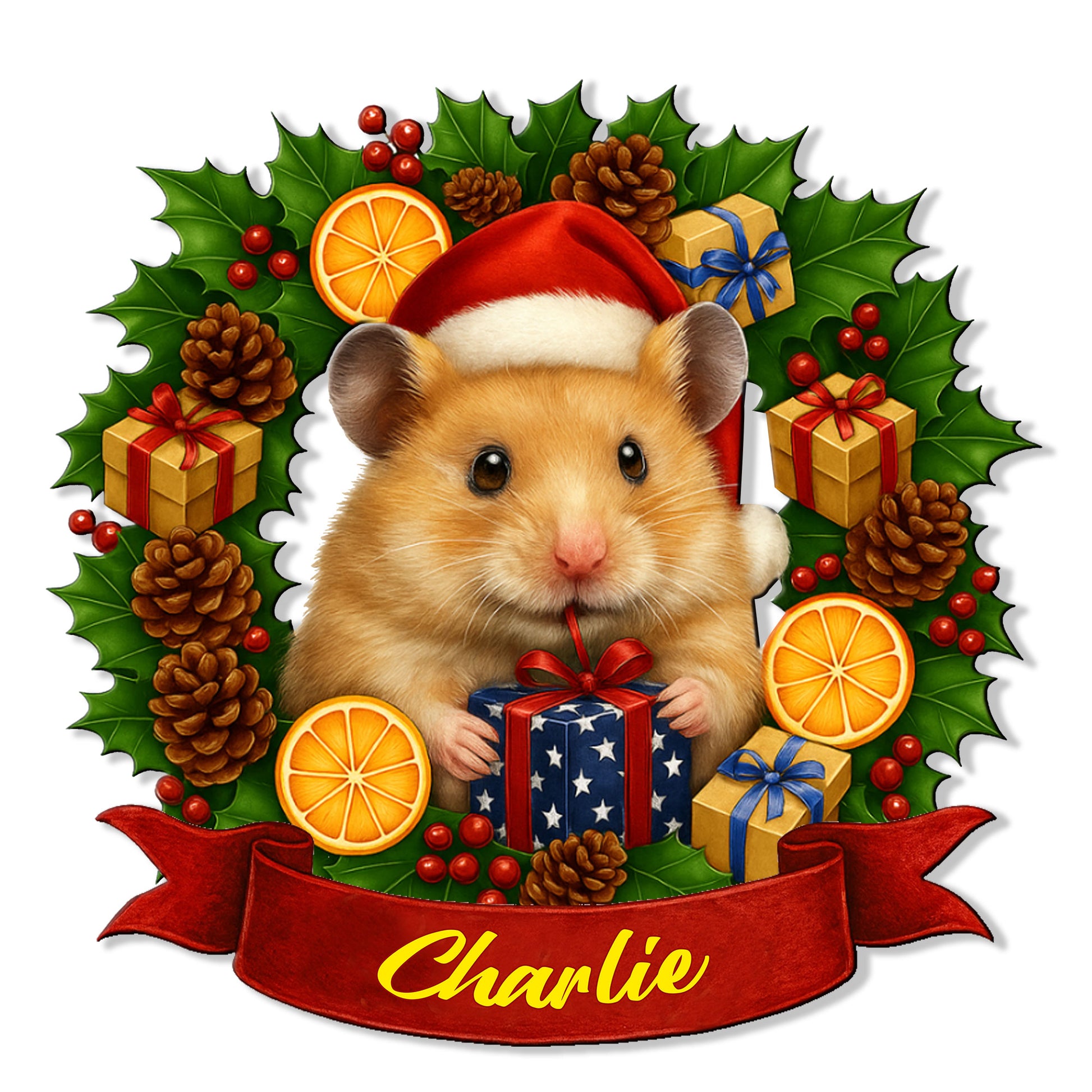 Custom Christmas hamster metal sign featuring a festive hamster in a Santa hat surrounded by gifts and holly