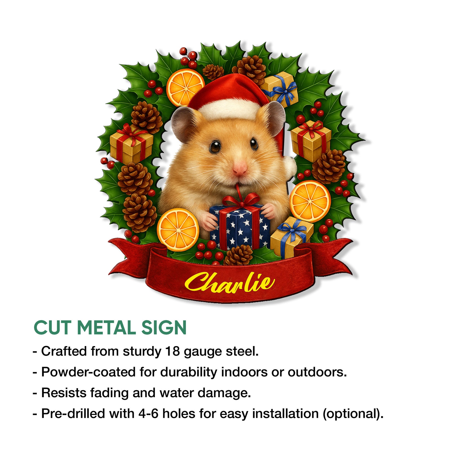 Festive hamster cut metal sign product graphic with holiday artwork and indoor or outdoor display details