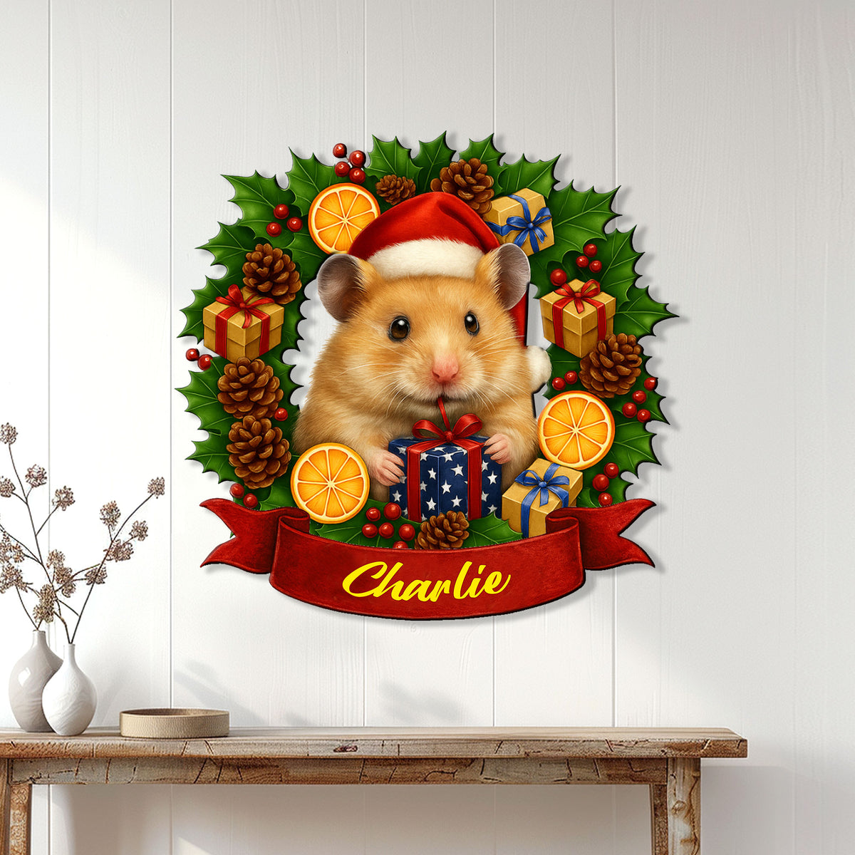 Christmas hamster metal sign displayed on a light wood-paneled wall above a console table