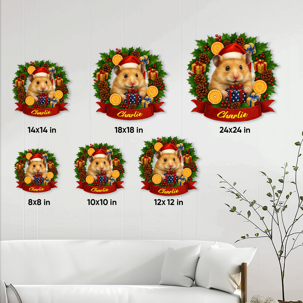 Christmas hamster metal sign size guide showing six available square size options in a living room setting