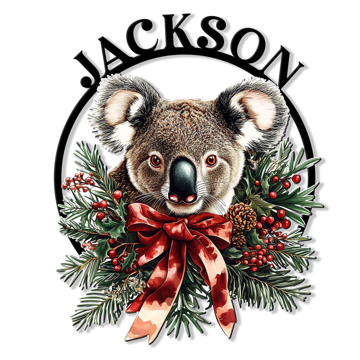 Custom koala metal sign with a festive red bow, evergreen branches, berries, and pinecones