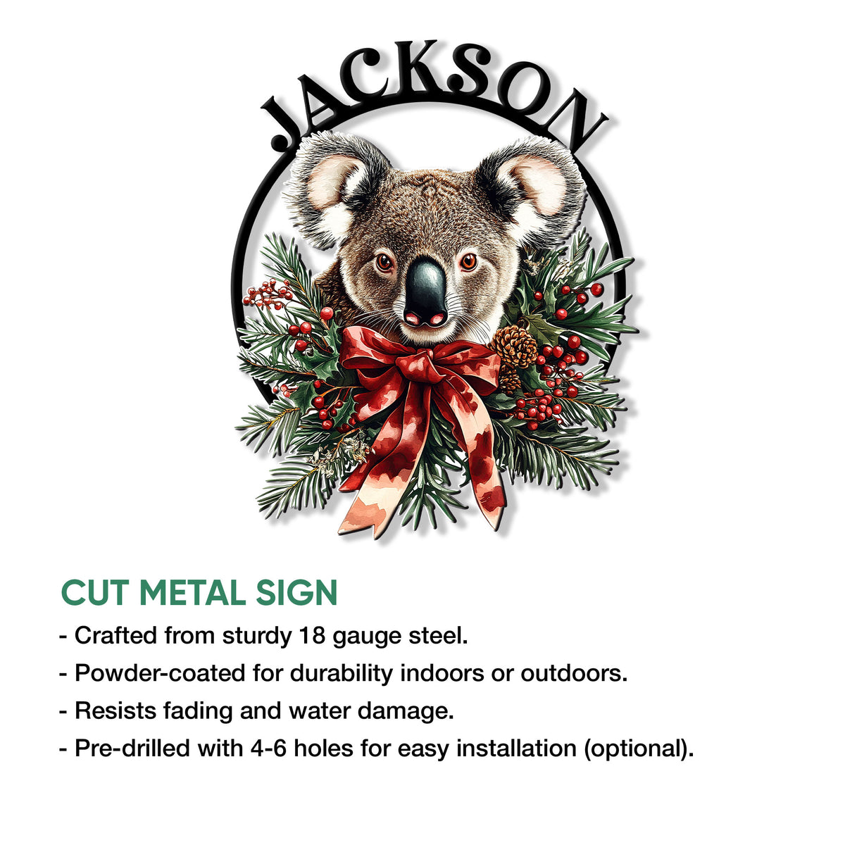 Koala Christmas metal sign feature graphic highlighting the cut-metal design and hanging options