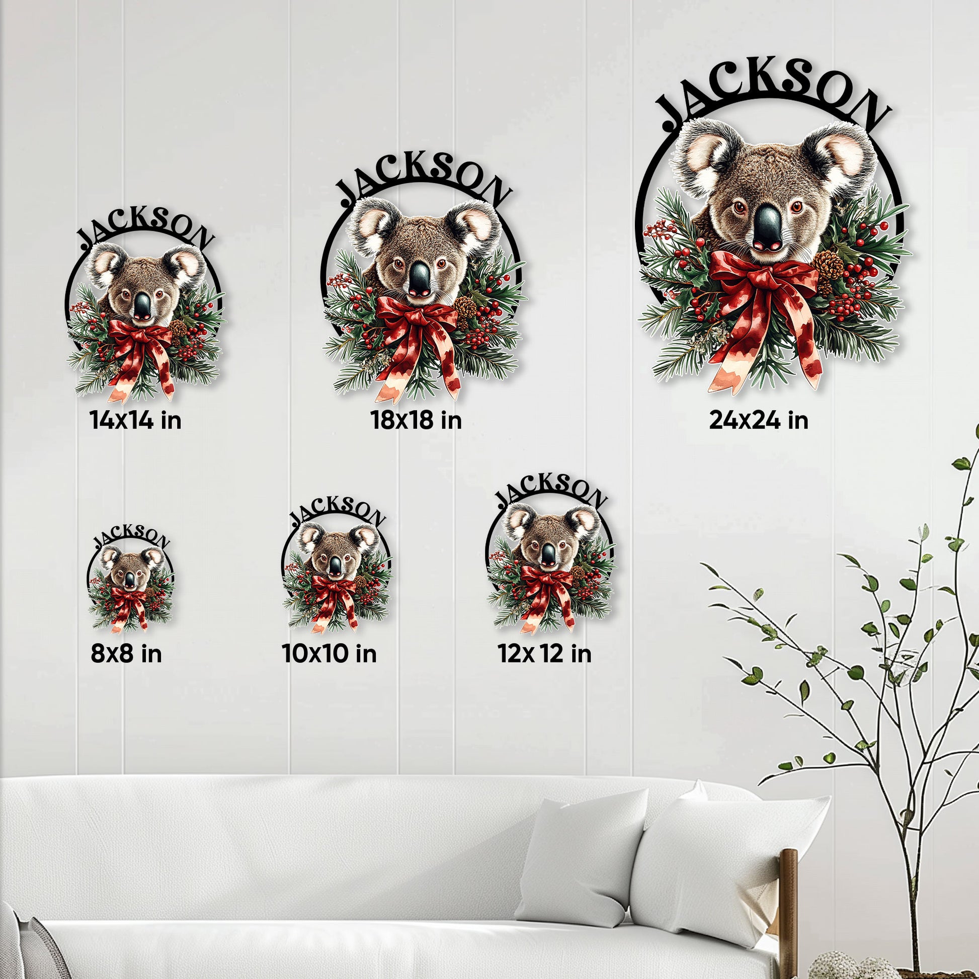 Koala metal sign size comparison showing multiple available square dimensions in a living room