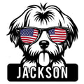 Custom Shih Tzu metal sign featuring a fluffy dog wearing American flag sunglasses